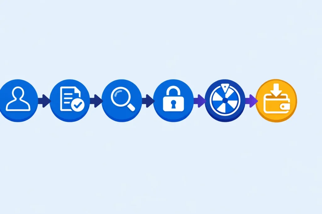 Six-step flow from signup through verification, bonus activation, gameplay, wagering, and withdrawal for a real money no deposit bonus.